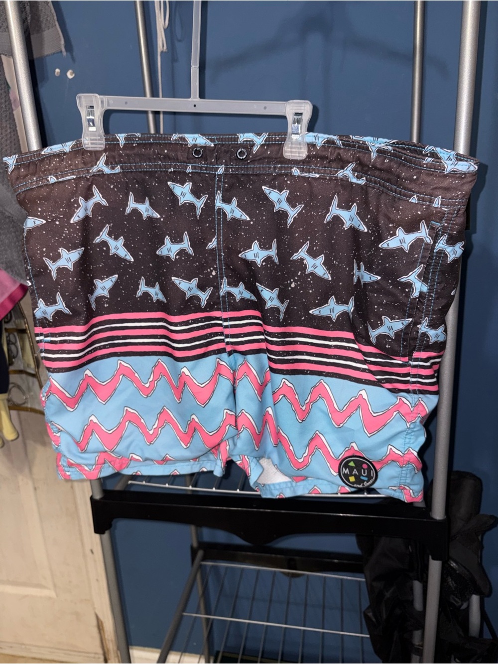 MAUI Athletics Men's Black, Light Blue & Pink Shark Print Swim Trunks